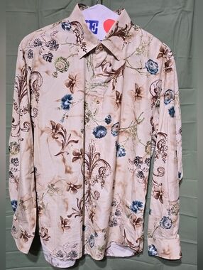 Tommy Bahama Cream Floral-Print Button Shirt with Blue & Brown Accents